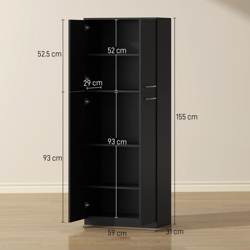 Minimal Storage Unit with 2 Cabinets and Adjustable Shelves, Black Wood, 59x31x155 cm