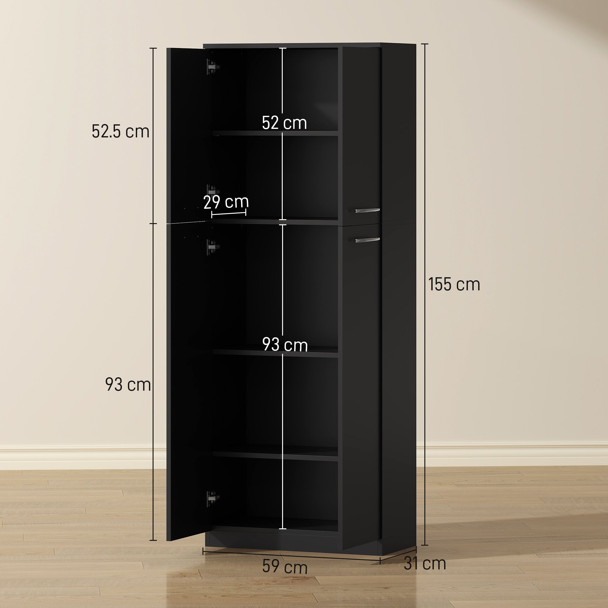 Minimal Storage Unit with 2 Cabinets and Adjustable Shelves, Black Wood, 59x31x155 cm