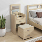 Dressing Table with Folding Mirror, Drawers and Stool, in Wood and Linen Effect Fabric, Wood Color