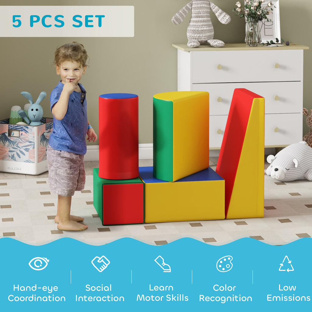 Soft Construction Set for Children 1-3 Years with 5 Colourful Blocks, in Faux Leather and Foam, Multicolour