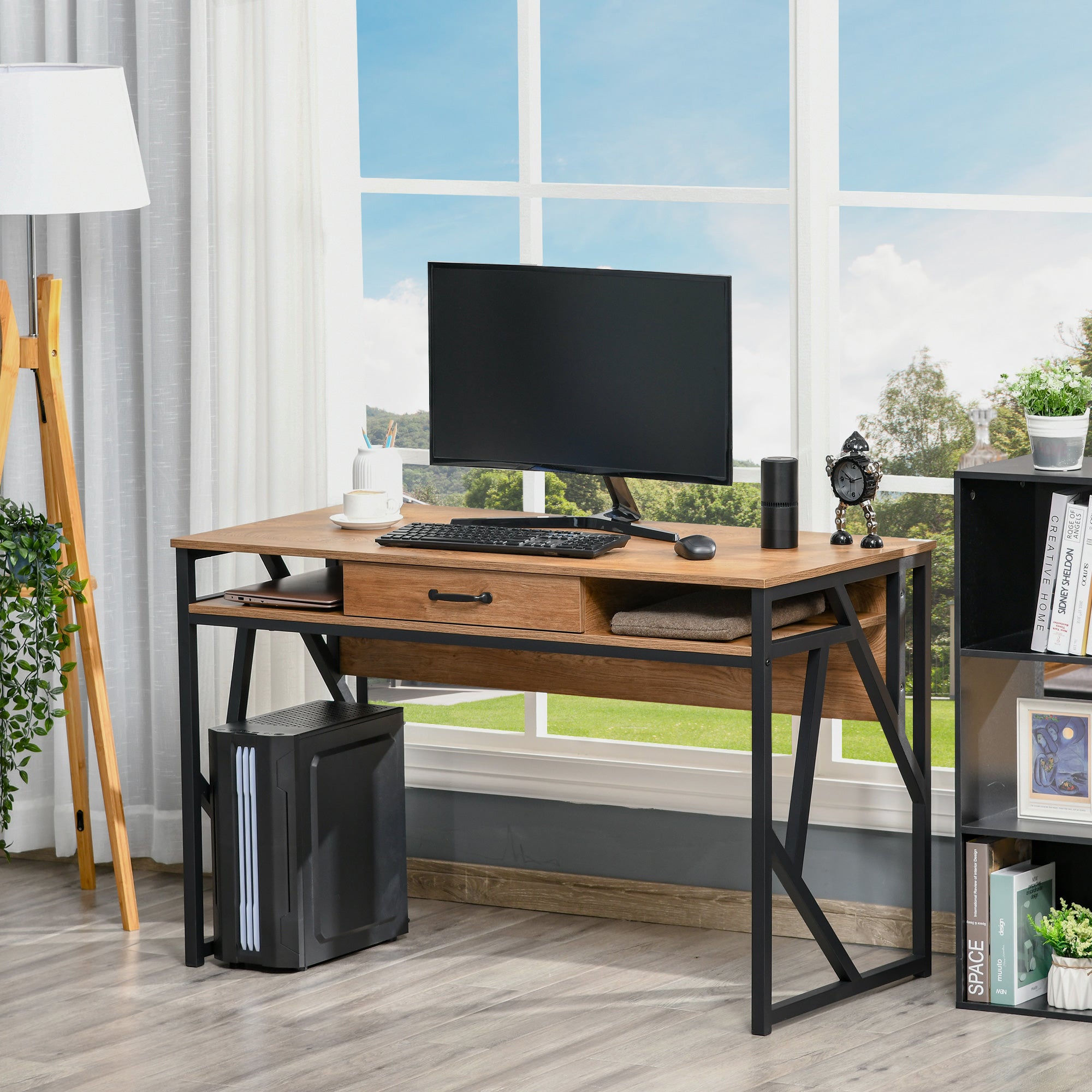 Modern Industrial Style Metal and MDF Desk, Shelves and Drawer for Home and Office, 120x60x76cm Black and Brown