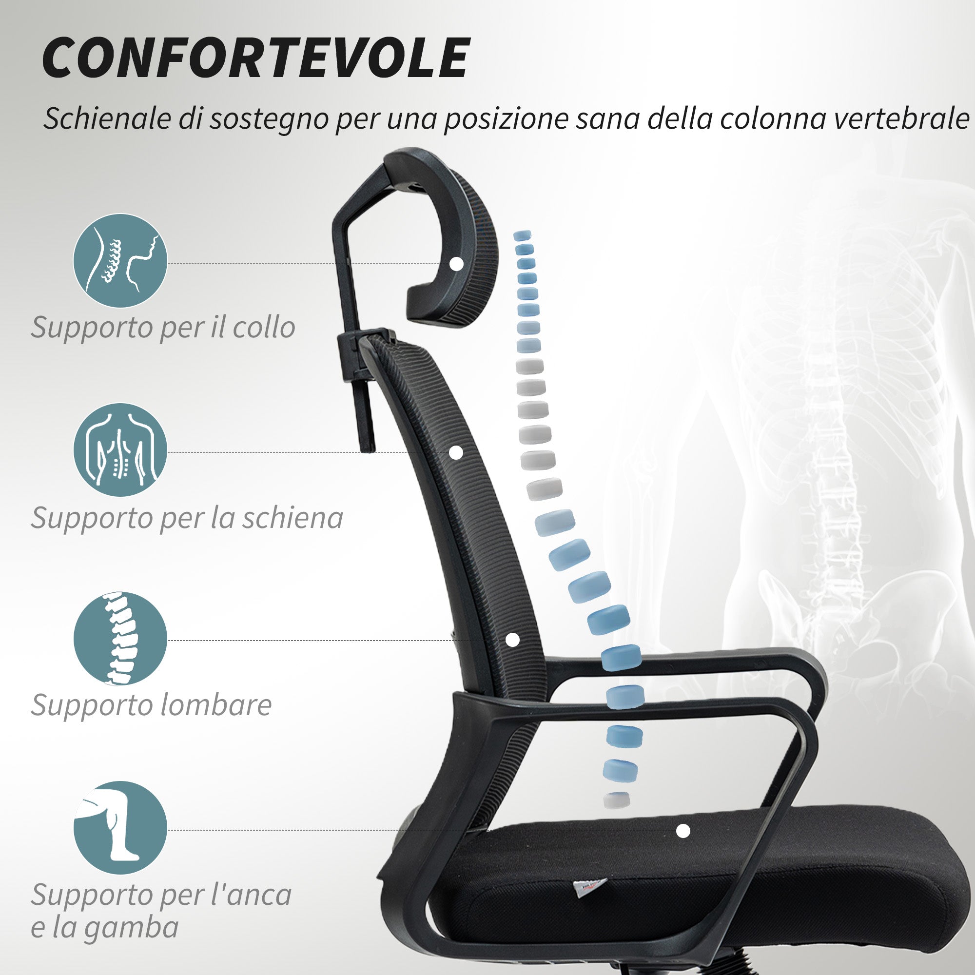 Ergonomic Office Chair with Adjustable Headrest and Height, Rocking Function and Wheels, Black