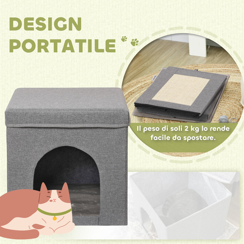 Foldable Cat House with Cushion and Scratching Mat, 36.5 x 36.5 x 36.5 cm, Grey