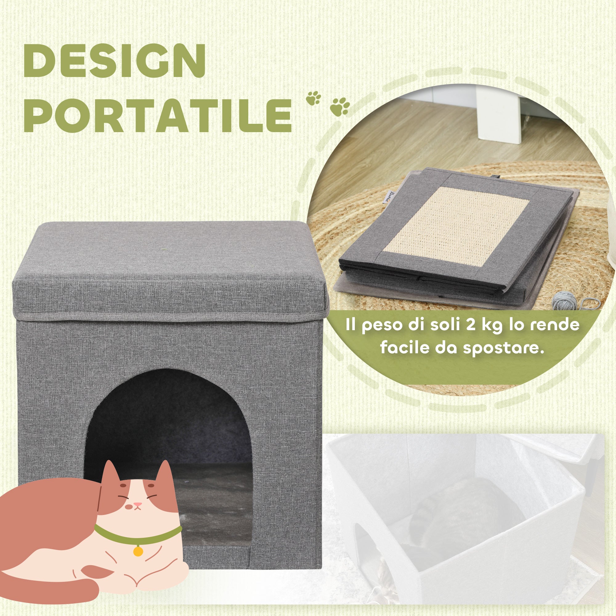 Foldable Cat House with Cushion and Scratching Mat, 36.5 x 36.5 x 36.5 cm, Grey