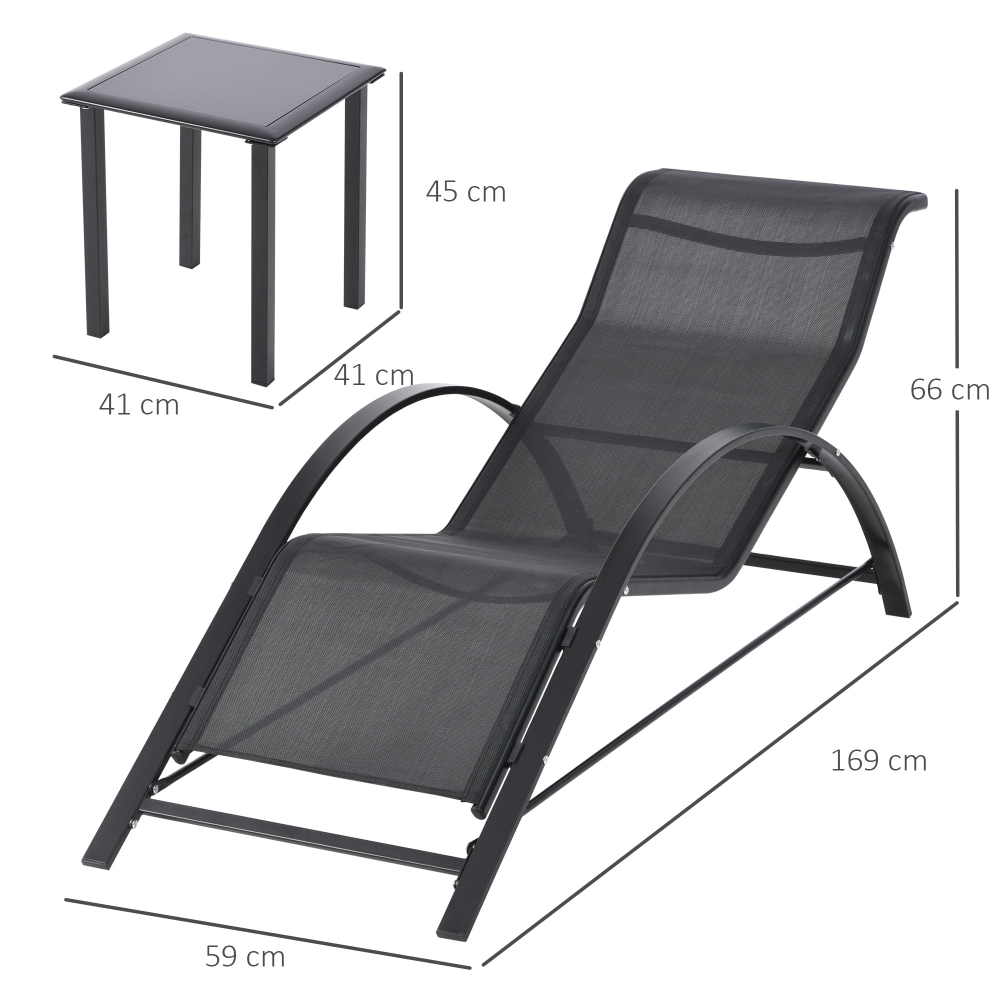 Outsunny Set 2 sun loungers and table with a shelf, in breathable fabric and metal, 59x169x66 cm, black - Borgè