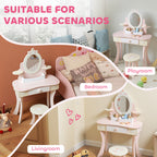 2-in-1 Wooden Dressing Table and Stool Set for Kids with 7 Accessories Included, Pink