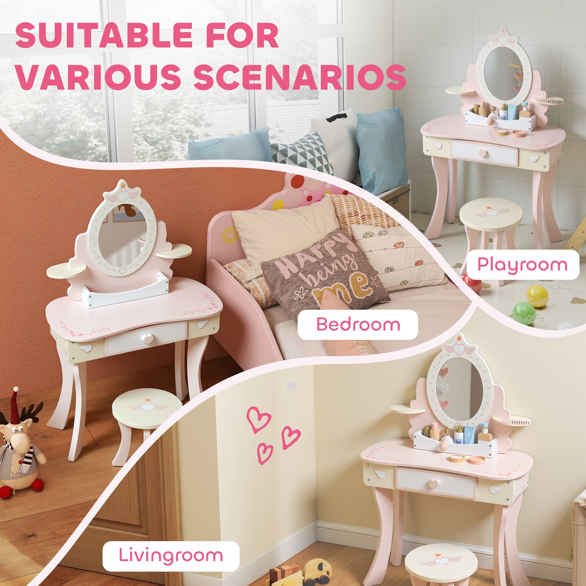 2-in-1 Wooden Dressing Table and Stool Set for Kids with 7 Accessories Included, Pink