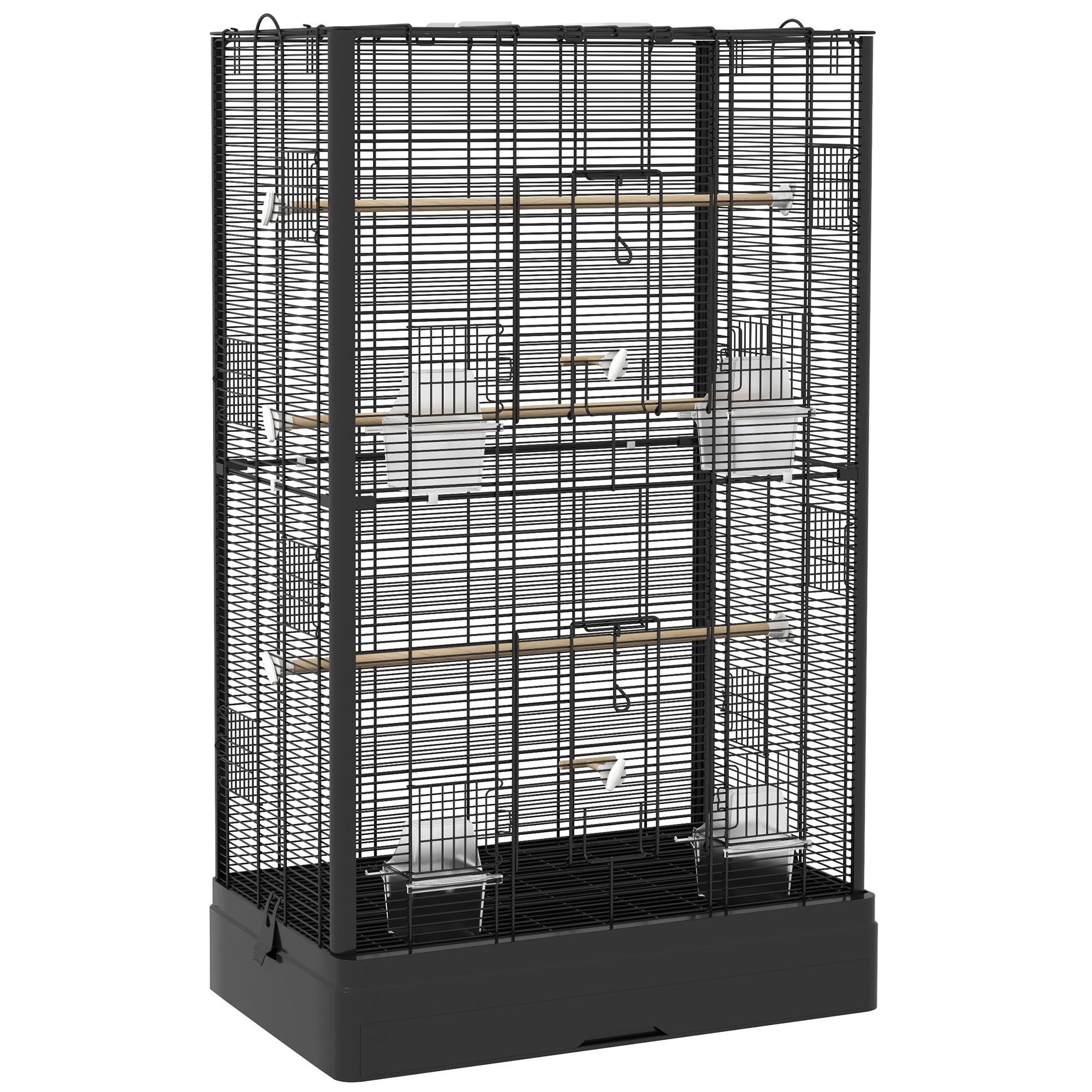 Bird Cage with Removable Tray and Perches, Parrot Aviary, 61x36.5x98cm, Black