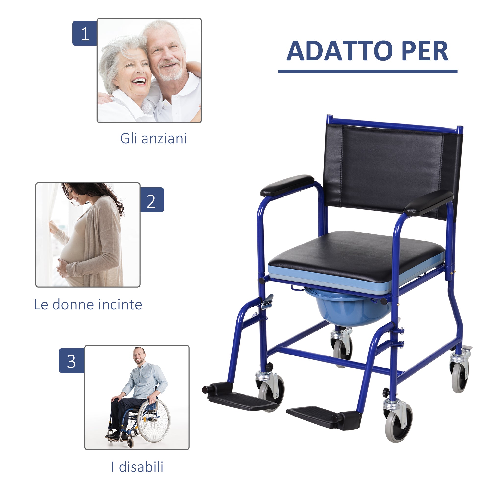 Bathroom Wheelchair with Removable Toilet Seat in Iron Pipe and PVC 87 x 57 x 92cm