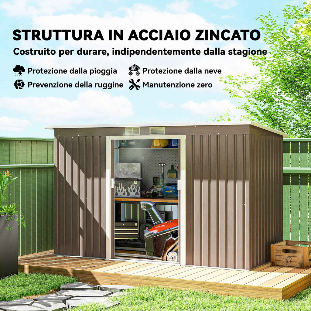 Outsunny Steel Garden Shed with 2 Vents and 2 Sliding Doors, 280x130x172 cm, Brown Wood