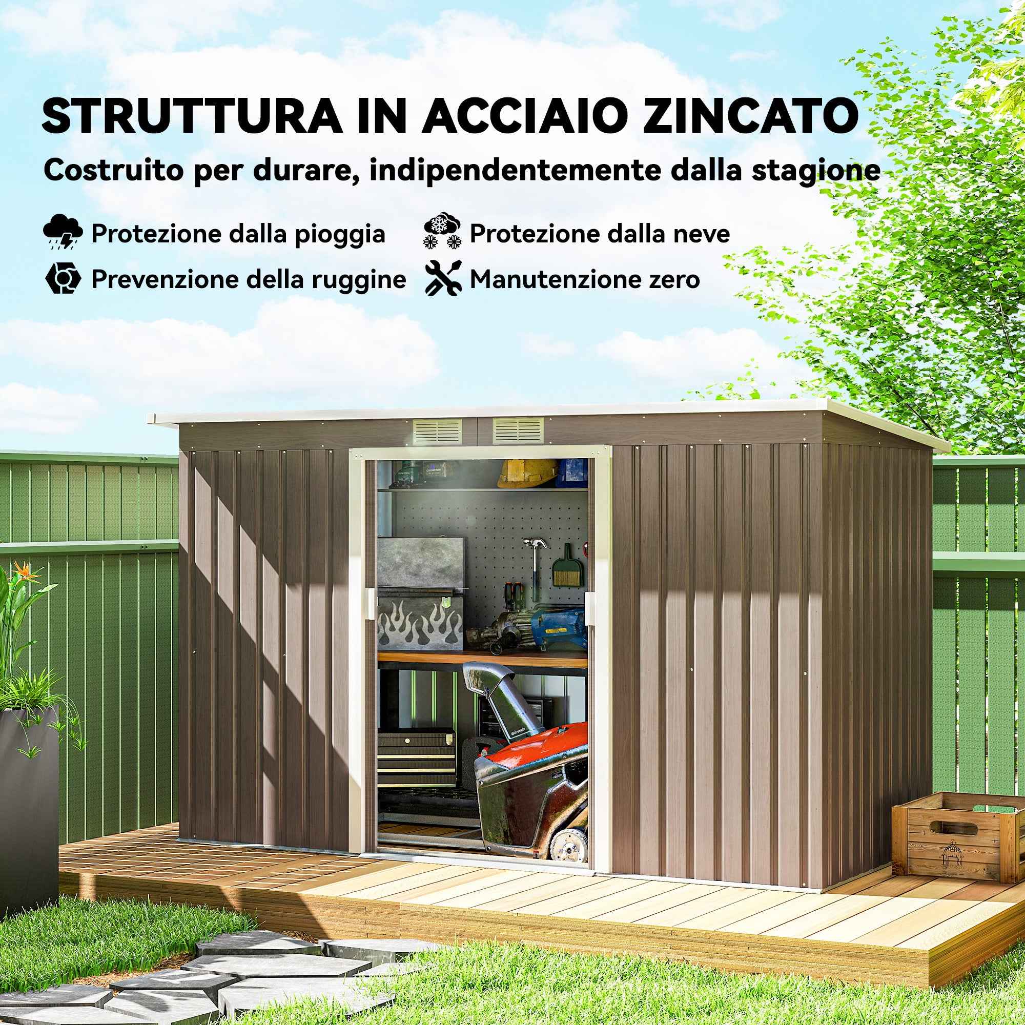 Outsunny Steel Garden Shed with 2 Vents and 2 Sliding Doors, 280x130x172 cm, Brown Wood