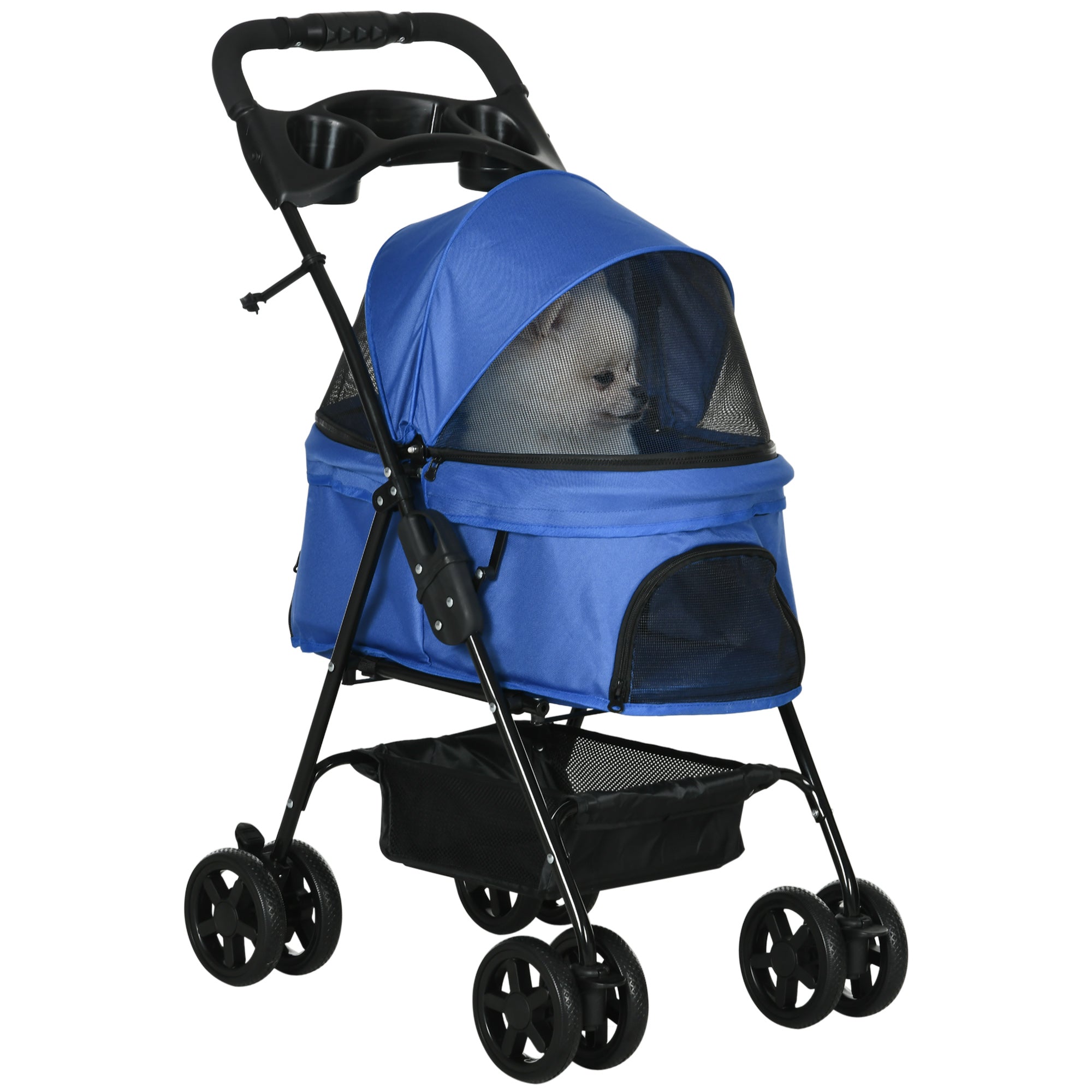 Folding Dog Stroller with Safety Leash and Storage Basket, Blue