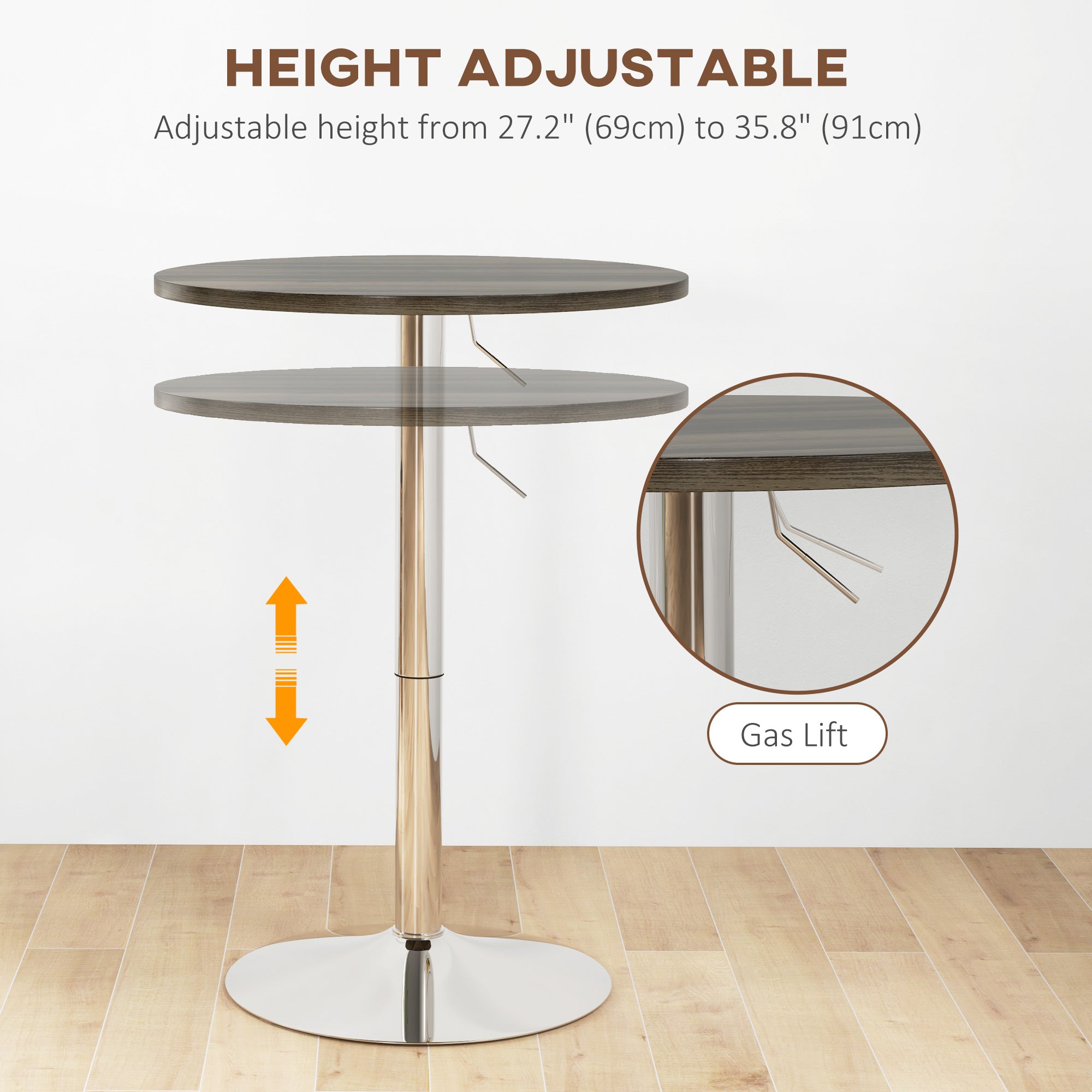High Bar Table with Adjustable Height, Swivel Top and Steel Base, Ø60x69-91cm, Brown