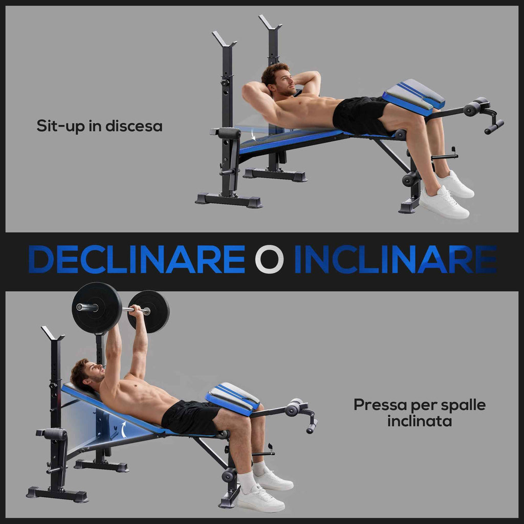Multipurpose Bench with Barbell Support and Adjustable Backrest, Steel and Plastic, 175x139x127 cm, Black and Blue