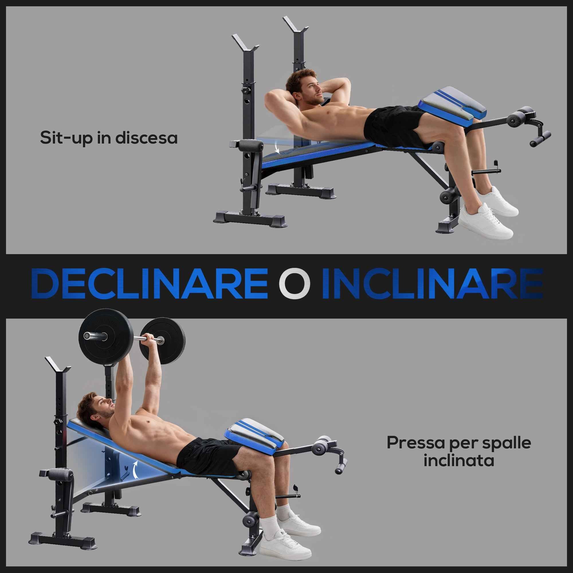 Multipurpose Bench with Barbell Support and Adjustable Backrest, Steel and Plastic, 175x139x127 cm, Black and Blue