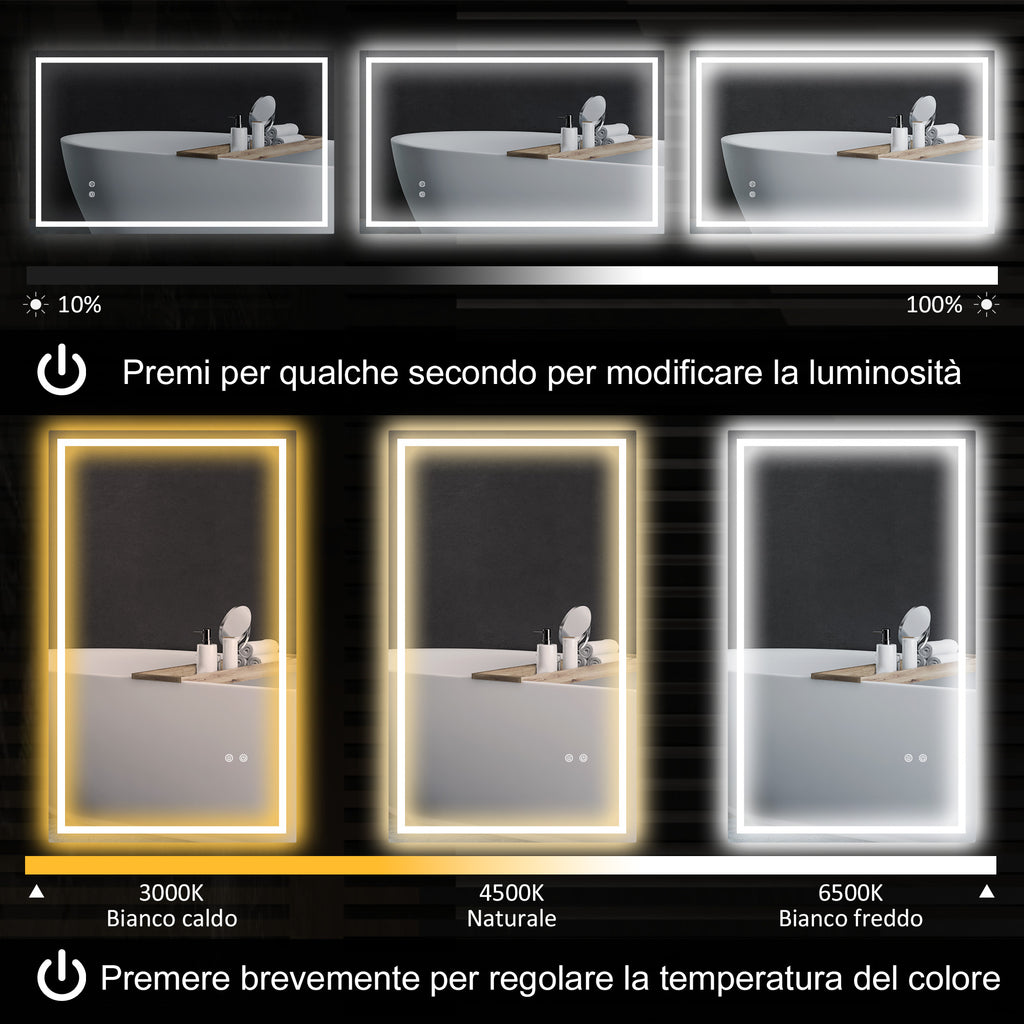 Bathroom Mirror with 3-Color Adjustable LED Lights and Anti-Shock Coating, Glass and Metal, 100x3x60 cm