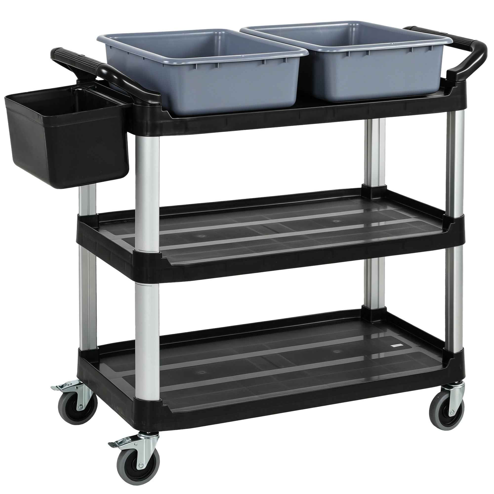 HOMCOM Professional 3-Tier Cleaning Cart with 2 Removable Bins, Side Bin and 4 Wheels, Black