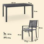 7 Piece Steel Garden Set with Rectangular Table and 6 Breathable Stackable Chairs, Grey and Black