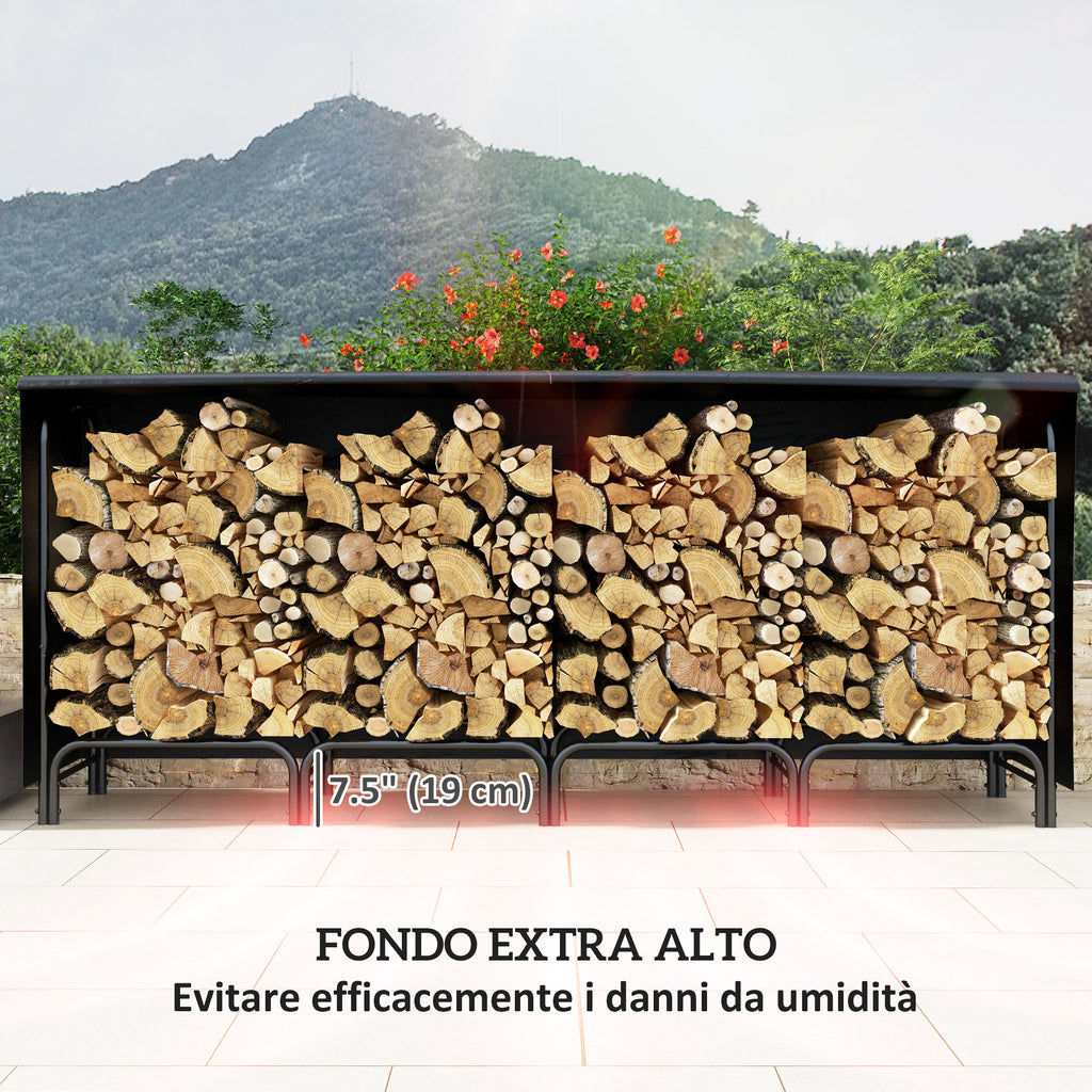 Indoor and Outdoor Metal Firewood Rack with Firewood Holder and Cover, 240x36x99cm, Black