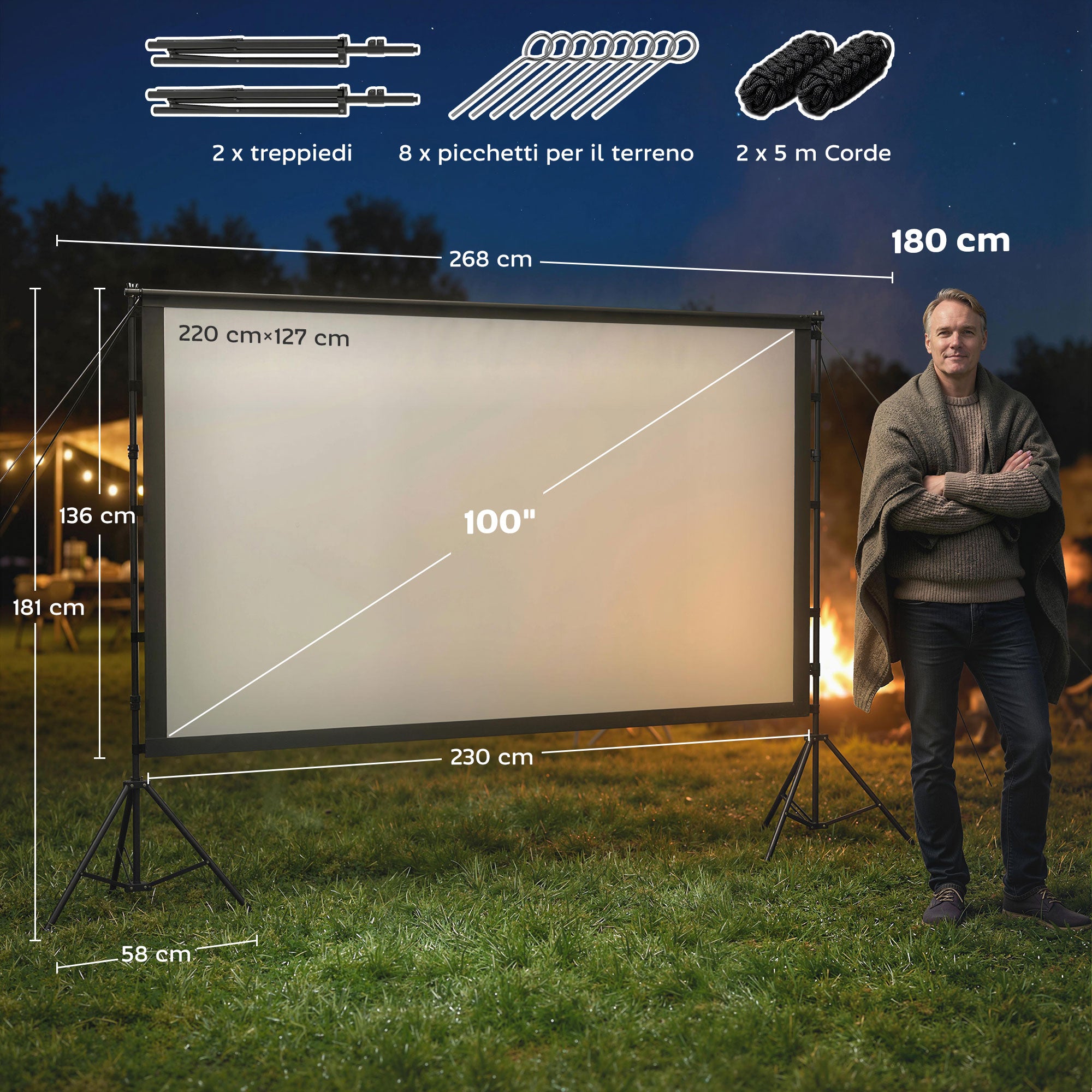 HOMCOM 100" 16:9 HD 4K/8K Projector Screen, 160° Viewing Angle, Double-Sided and Foldable Tripod, White