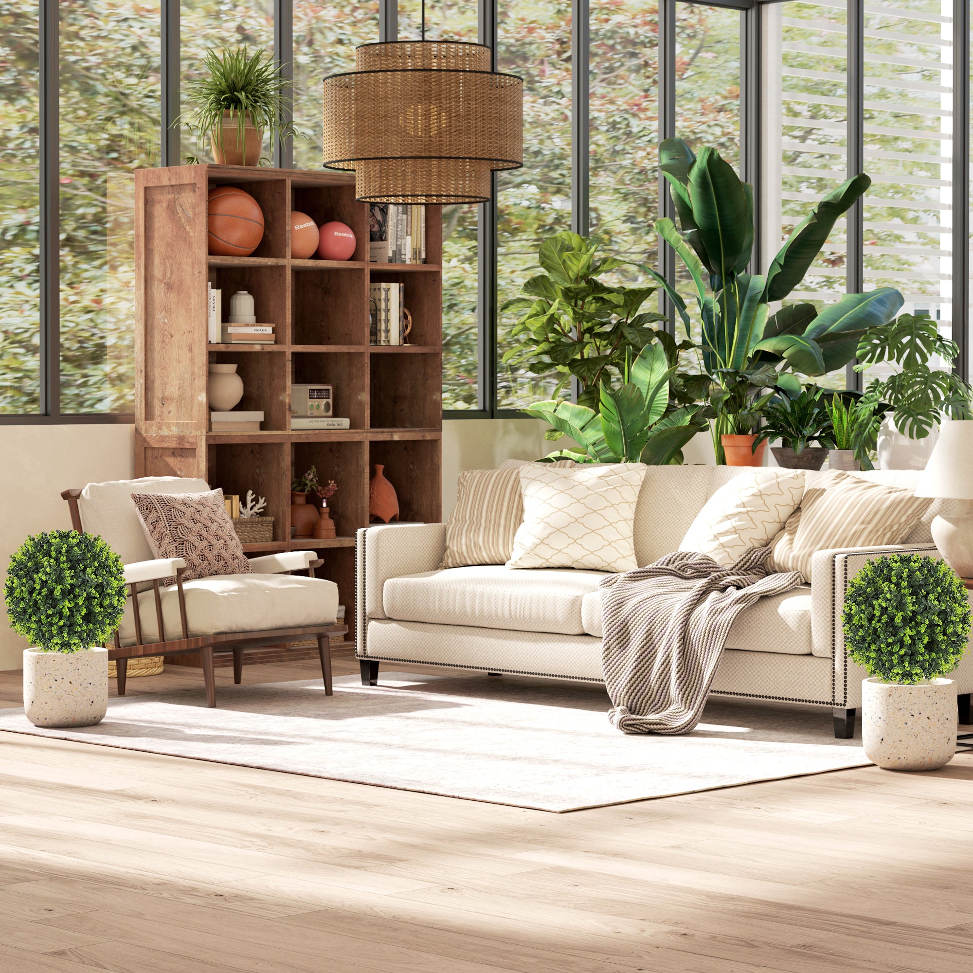 Set of 2 Artificial Boxwood Plants, 40 cm, with Integrated Stake, for Indoor and Outdoor Use, Green