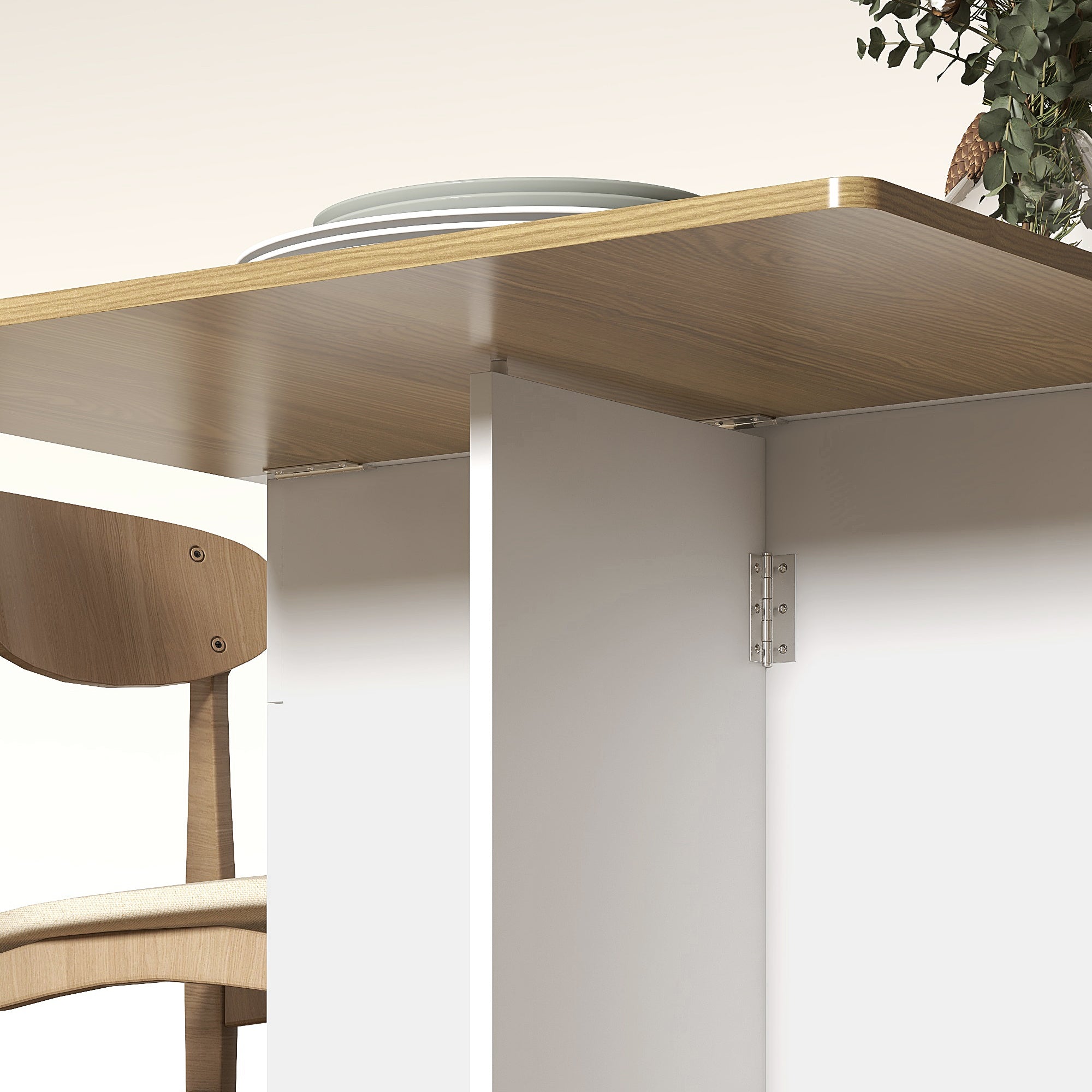 Extendable Rectangular Table with 2 Drawers and a Wooden Cabinet, 140x76x74 cm, White and Wood Color