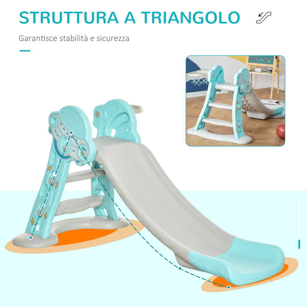 Foldable Slide for Children from 18 Months with 3 Steps and Basketball Hoop, 140x87x75cm, Blue and Grey