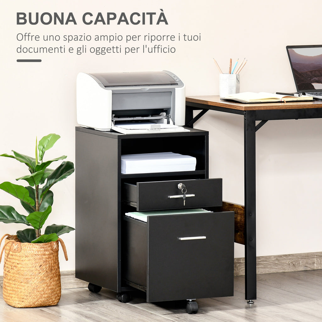 Wooden Office Drawer Cabinet with 2 Drawers and Open Shelf, 39x40x65 cm, Black