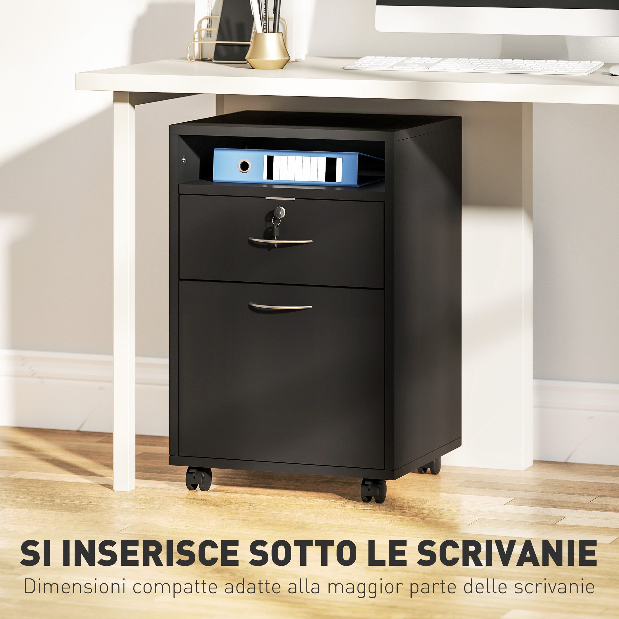 Wooden Office Cabinet with Open Shelf, Lockable Drawer and Storage Cabinet, 40x35x60 cm, Black