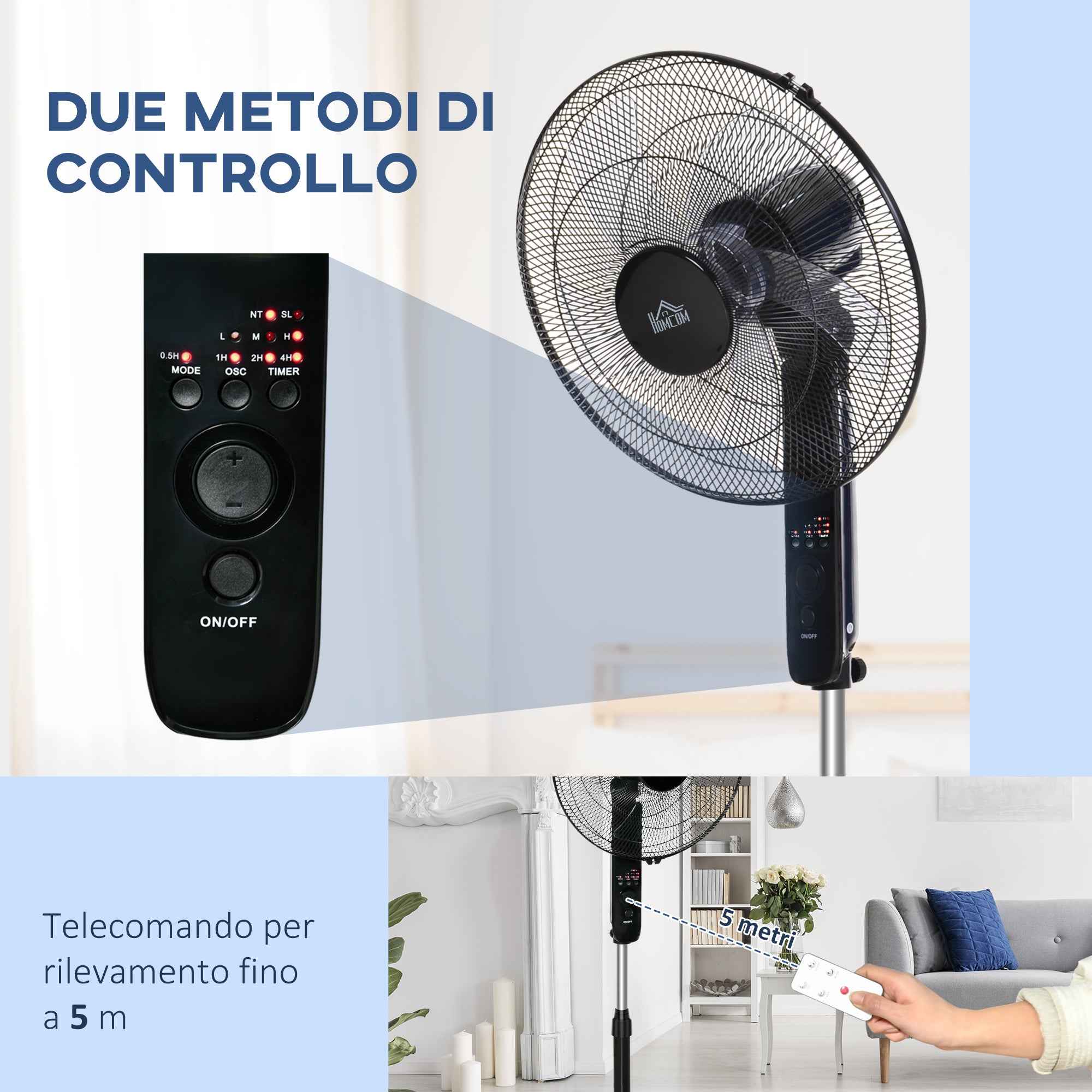 HOMCOM Pedestal Fan with Remote Control, Adjustable Height, 3 Speeds, Adjustable Tilt Angle, Metal, Black