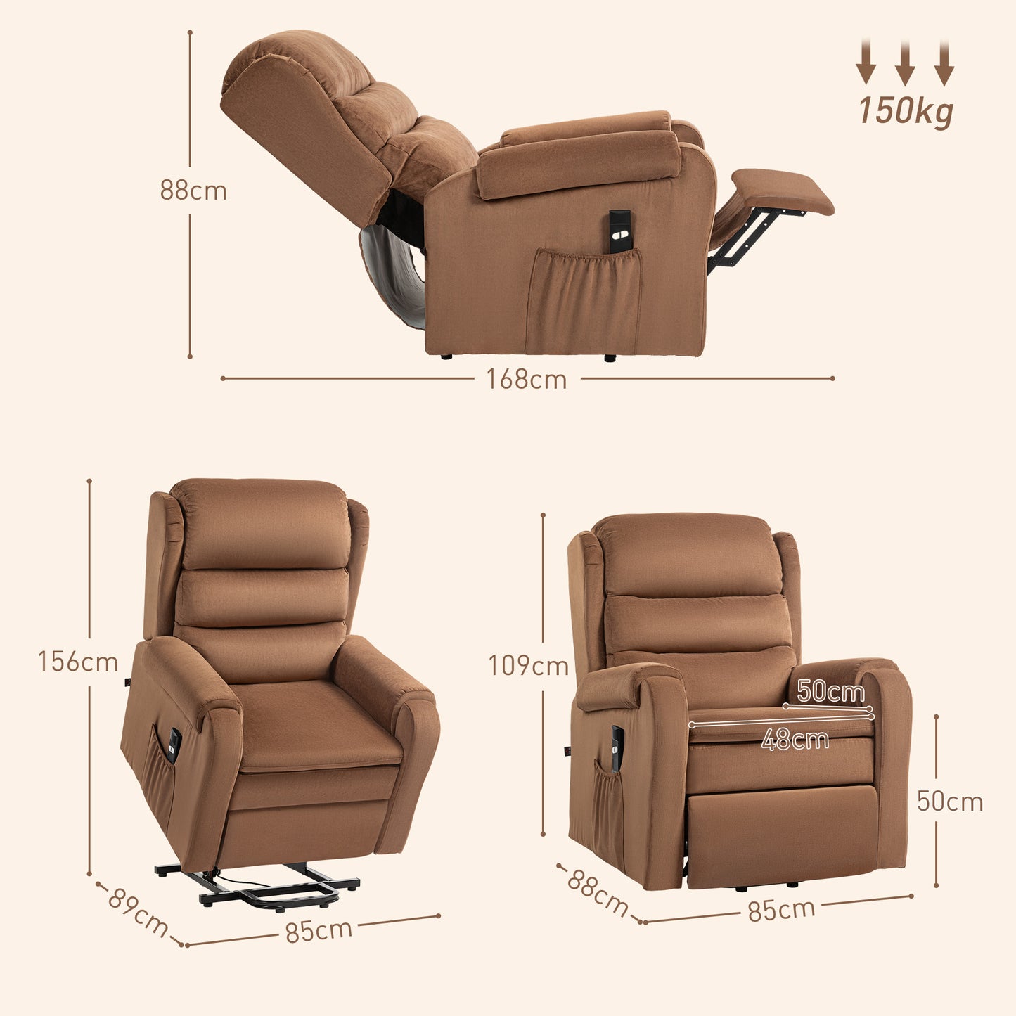 Lifting Armchair 160° Reclining with Footrest and Remote Control, Velvet, 85x88x109 cm, Brown