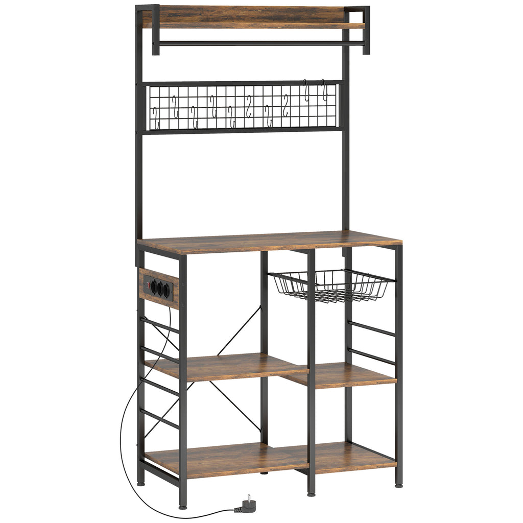 HOMCOM Kitchen Shelf with Sockets and LED, Coffee Corner, Clothes Rail, Metal Panel, 5 Shelves, Basket, 10 Hooks, Rustic Brown