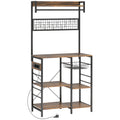 HOMCOM Kitchen Shelf with Sockets and LED, Coffee Corner, Clothes Rail, Metal Panel, 5 Shelves, Basket, 10 Hooks, Rustic Brown