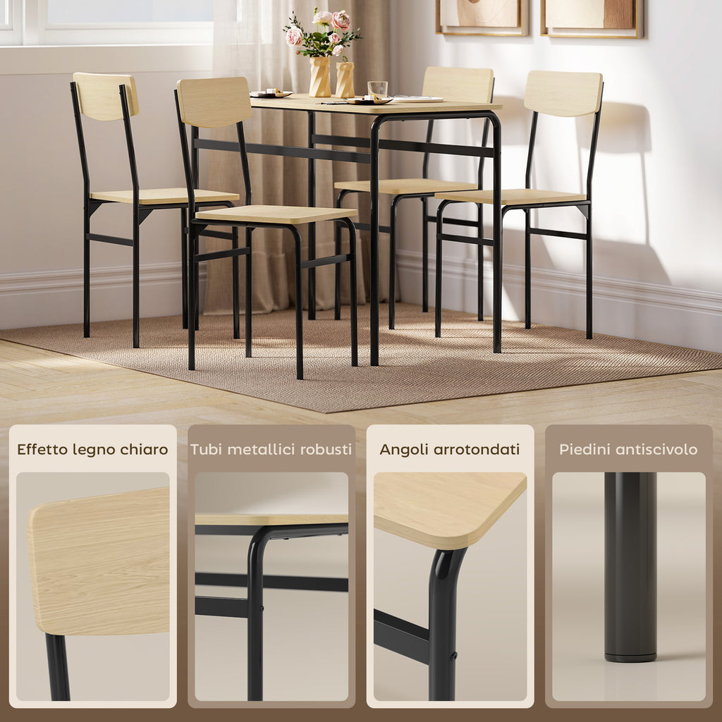 5-Piece Dining Set with Rectangular Table and 4 Dining Chairs, Wood and Metal, Black and Wood Color