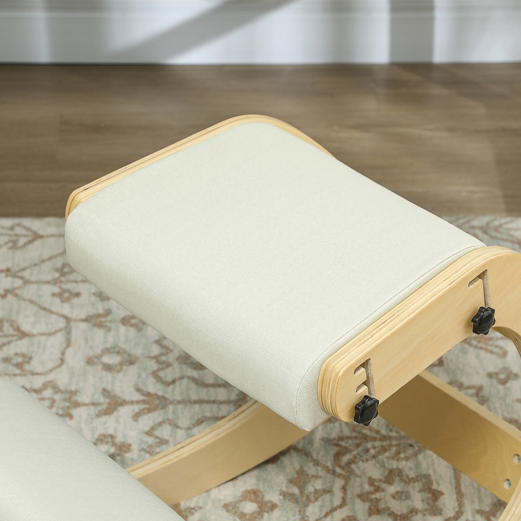 6-Position Adjustable Kneeling Chair in Linen-Effect Fabric and Birch Wood, 55x85x55 cm, Cream