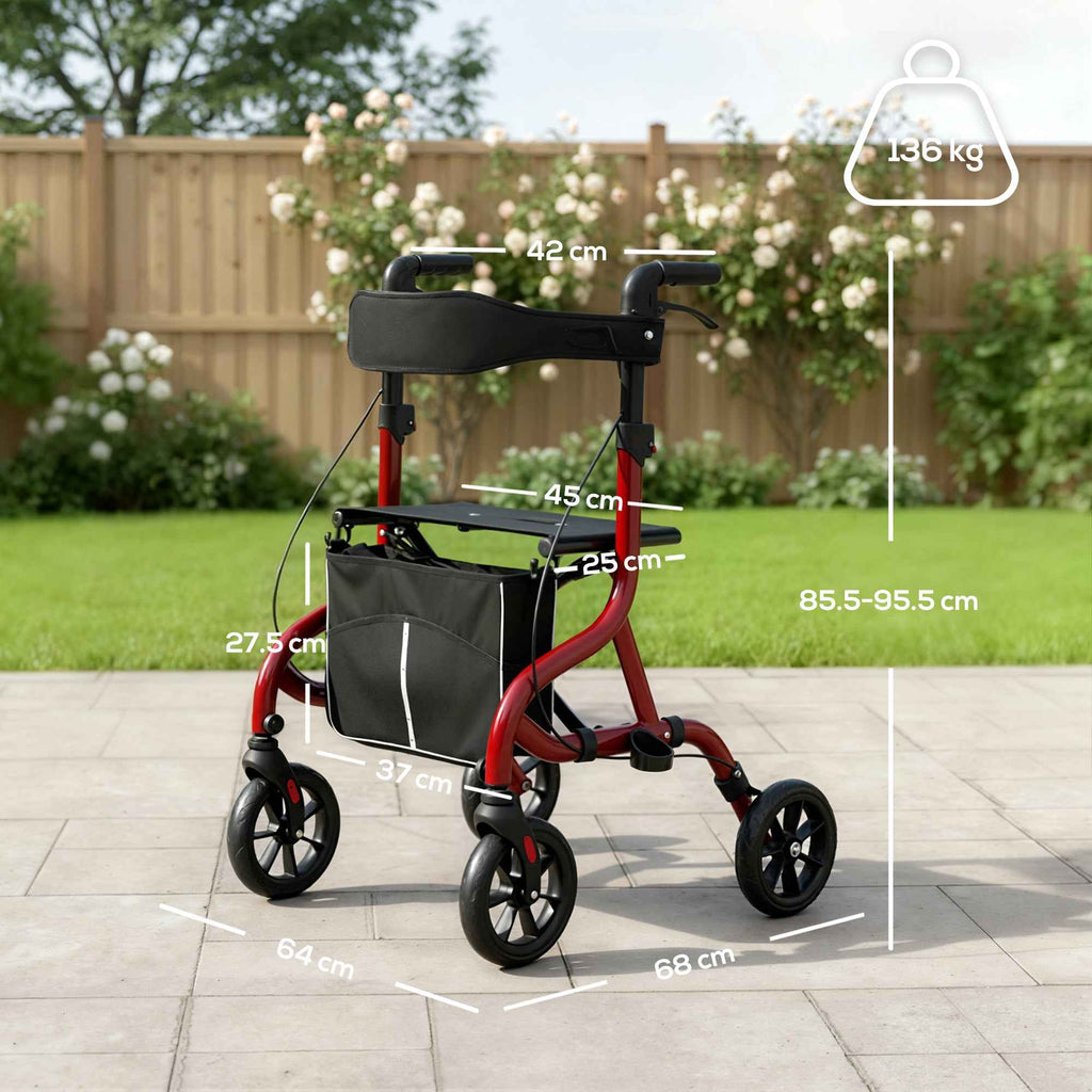 HOMCOM Folding Walker with Seat and Backrest for the Elderly, Adjustable Height, Bag and Cane Holder, Red
