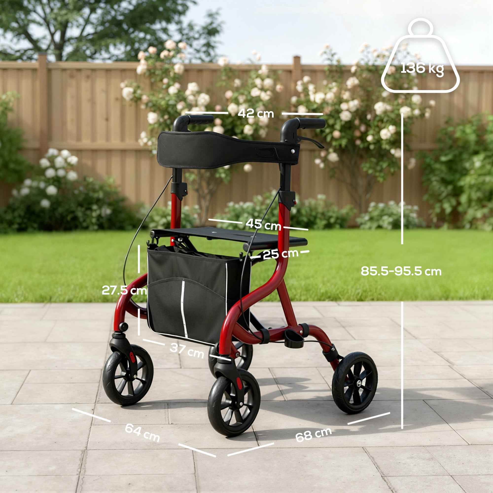 HOMCOM Folding Walker with Seat and Backrest for the Elderly, Adjustable Height, Bag and Cane Holder, Red