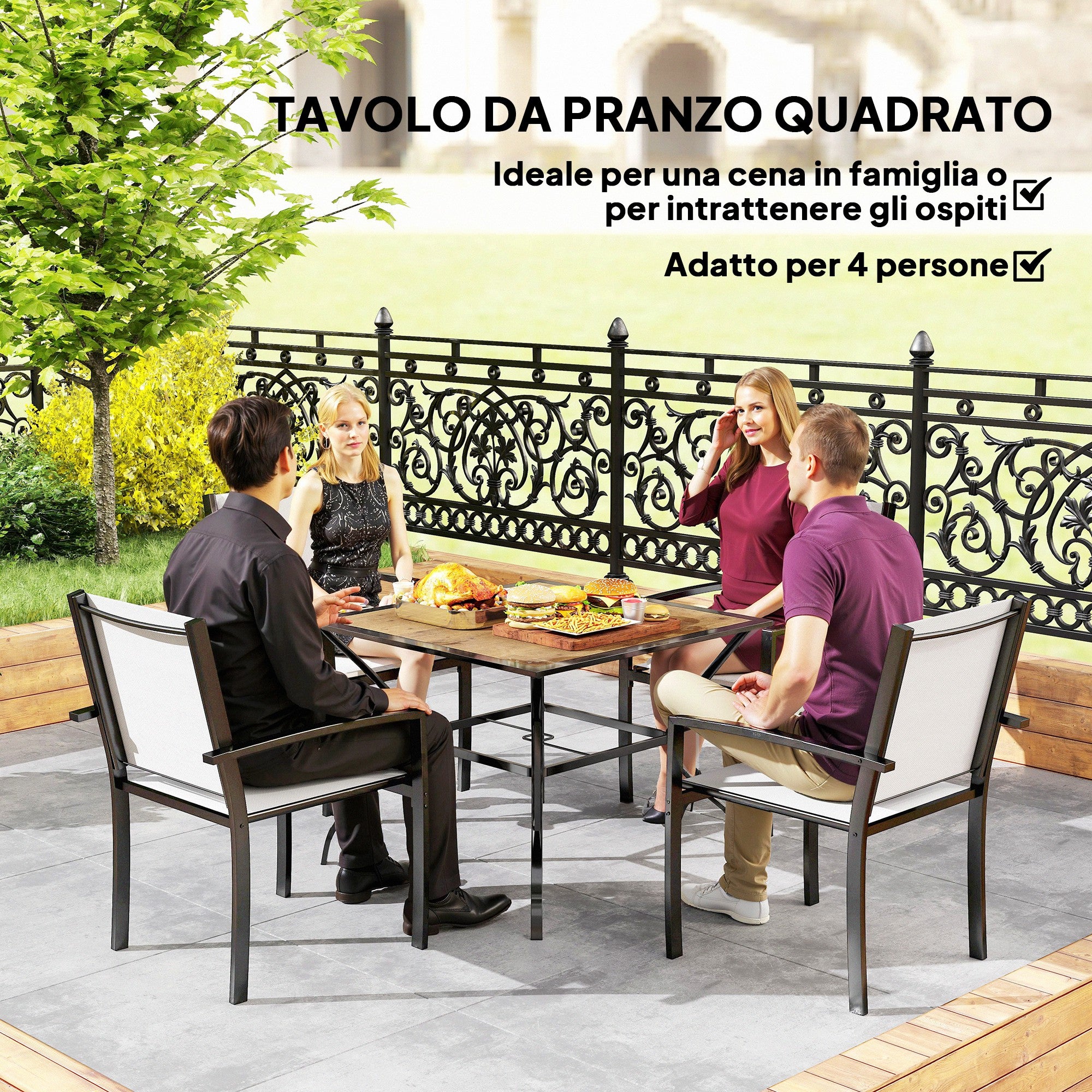 Brown Garden Table for 4 People with Central Umbrella Hole, 94L x 94D x 71H cm