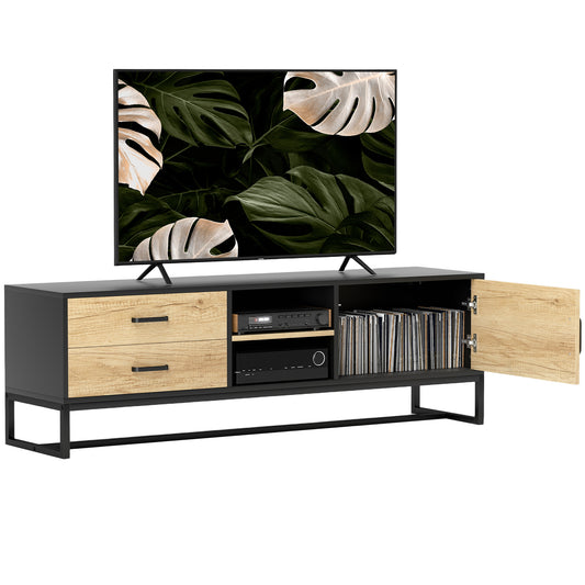 TV Cabinet 60" with Cabinet, 2 Drawers and Open Shelves, 140x35x45 cm, Natural Wood