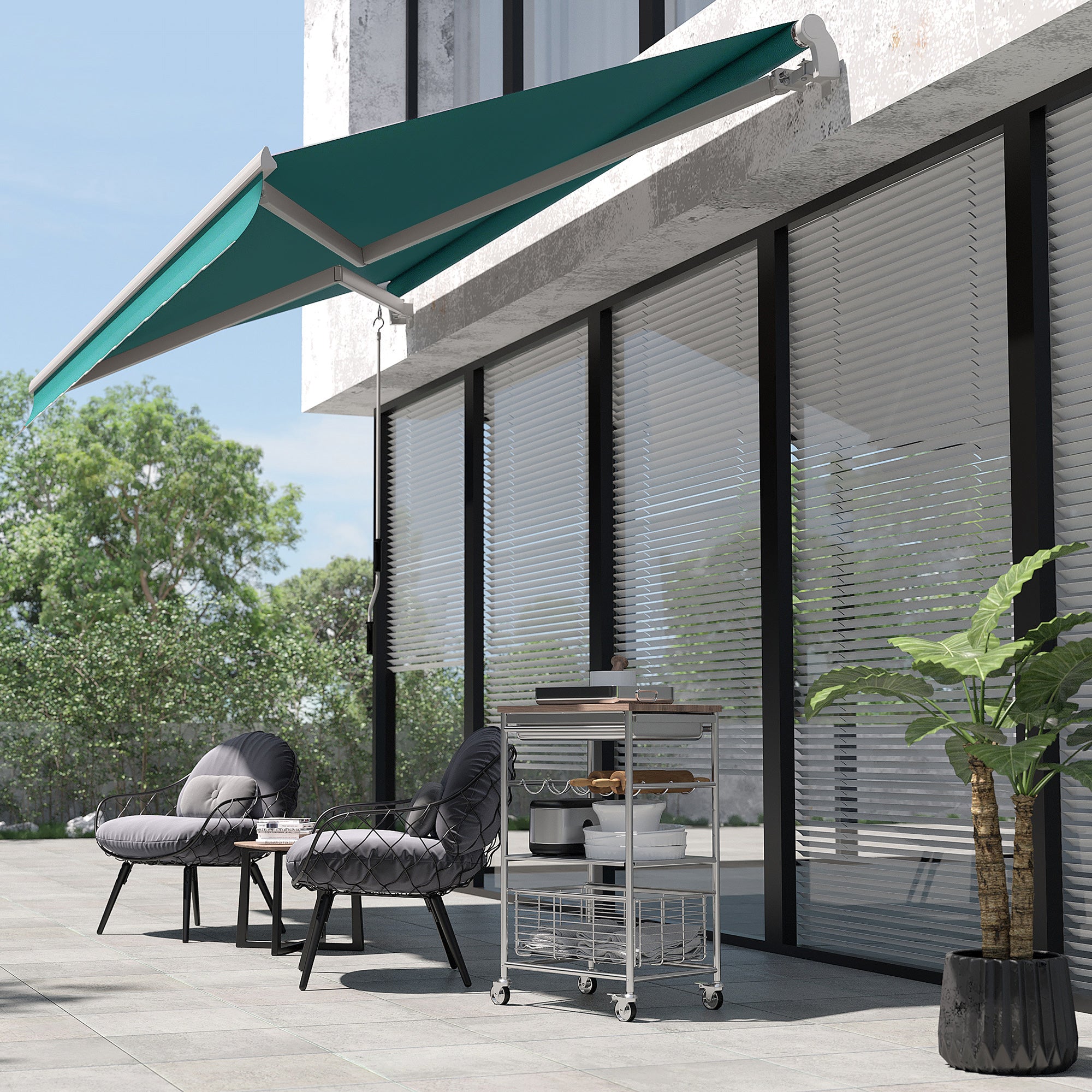 4x2.5m Hand Cranked Metal and Aluminum Outdoor Awning, Dark Green