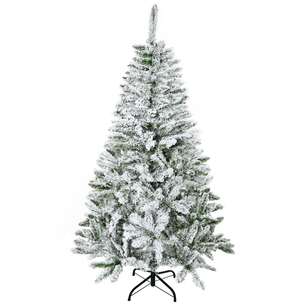 HOMCOM 150cm Tall Snow-Covered Christmas Tree with 358 Fireproof Branches and Steel Base, Green