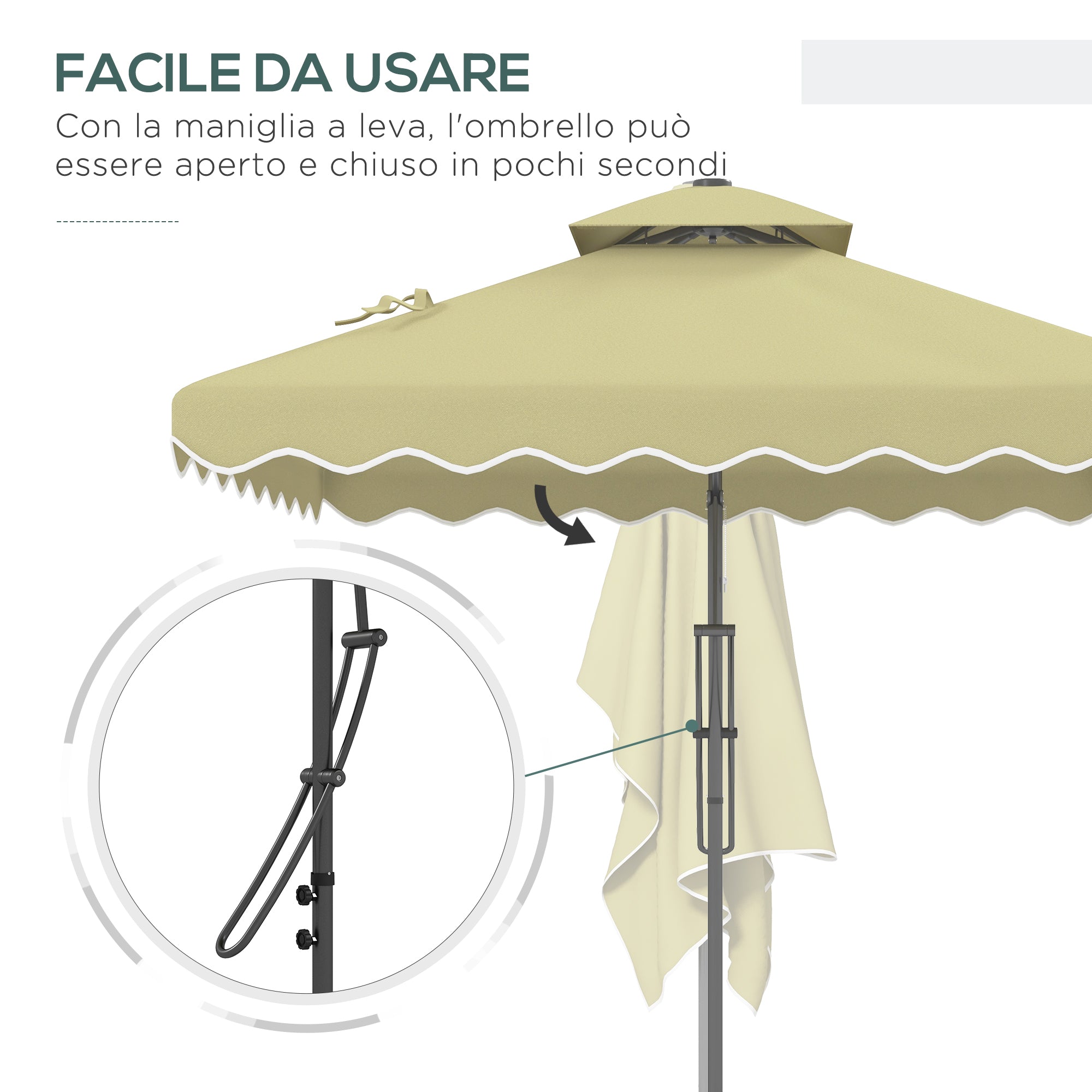 Decentralized Umbrella 2.5x2.5 m with Cross Base and Crank Opening, in Metal and Beige Polyester