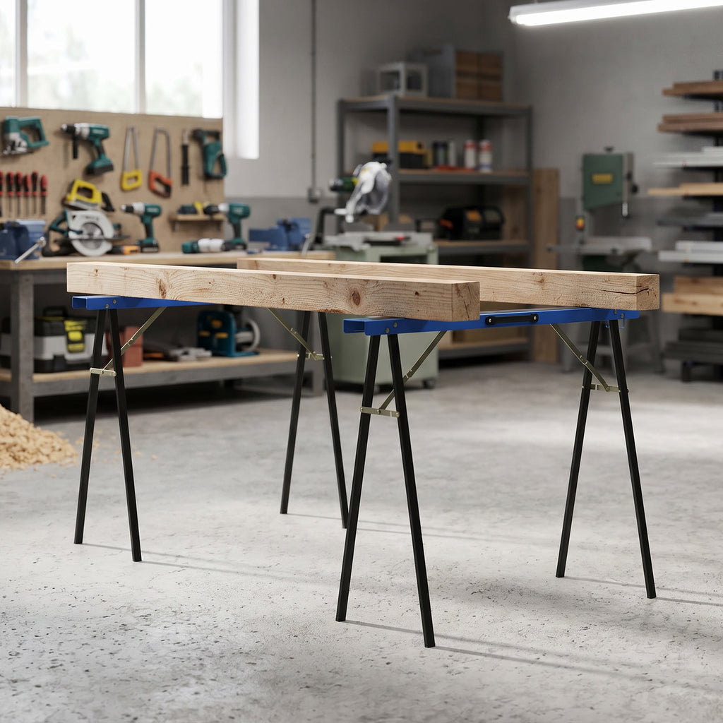 HOMCOM Set of 2 Folding Sawhorses with Non-Slip EVA Surface for Sawing, Blue and Black