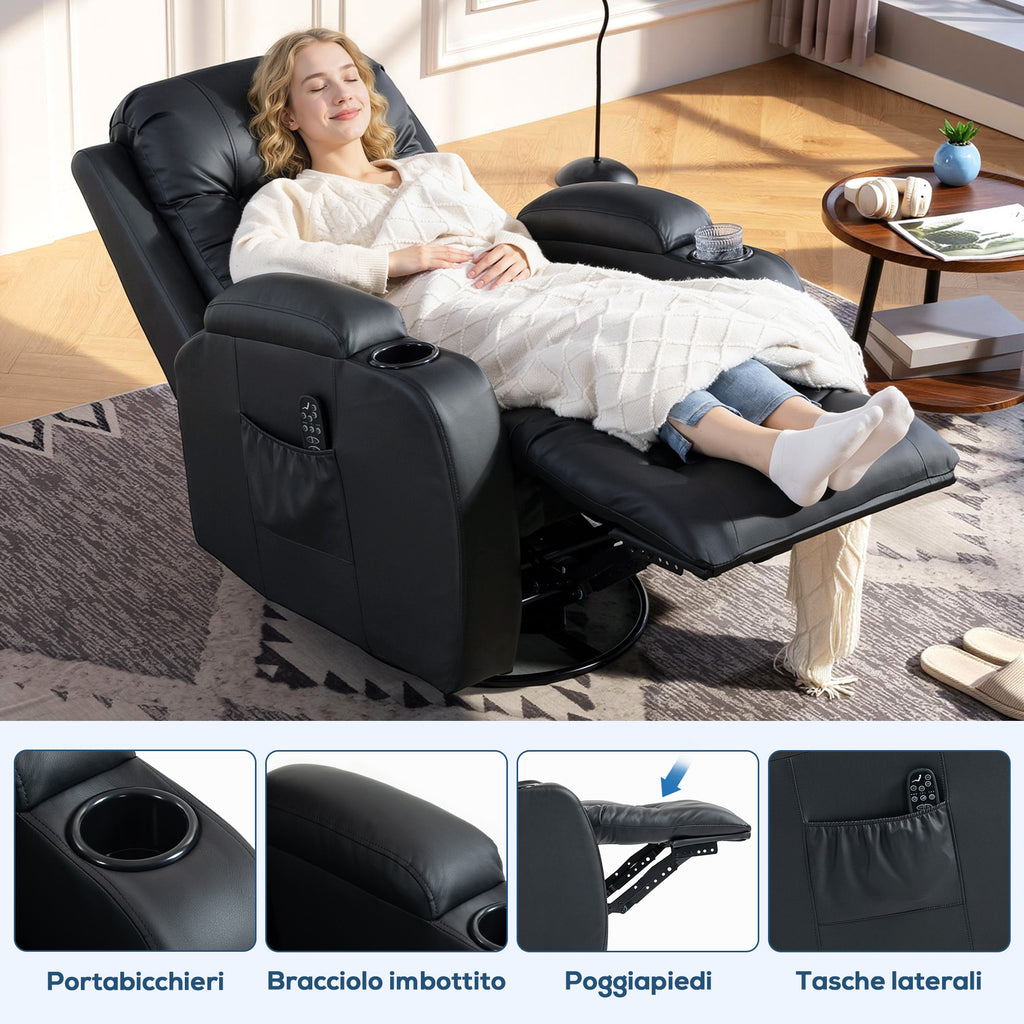 Heated Massage Recliner, 8 Massage Points and 3 Modes with Remote Control, PU Leather, Black