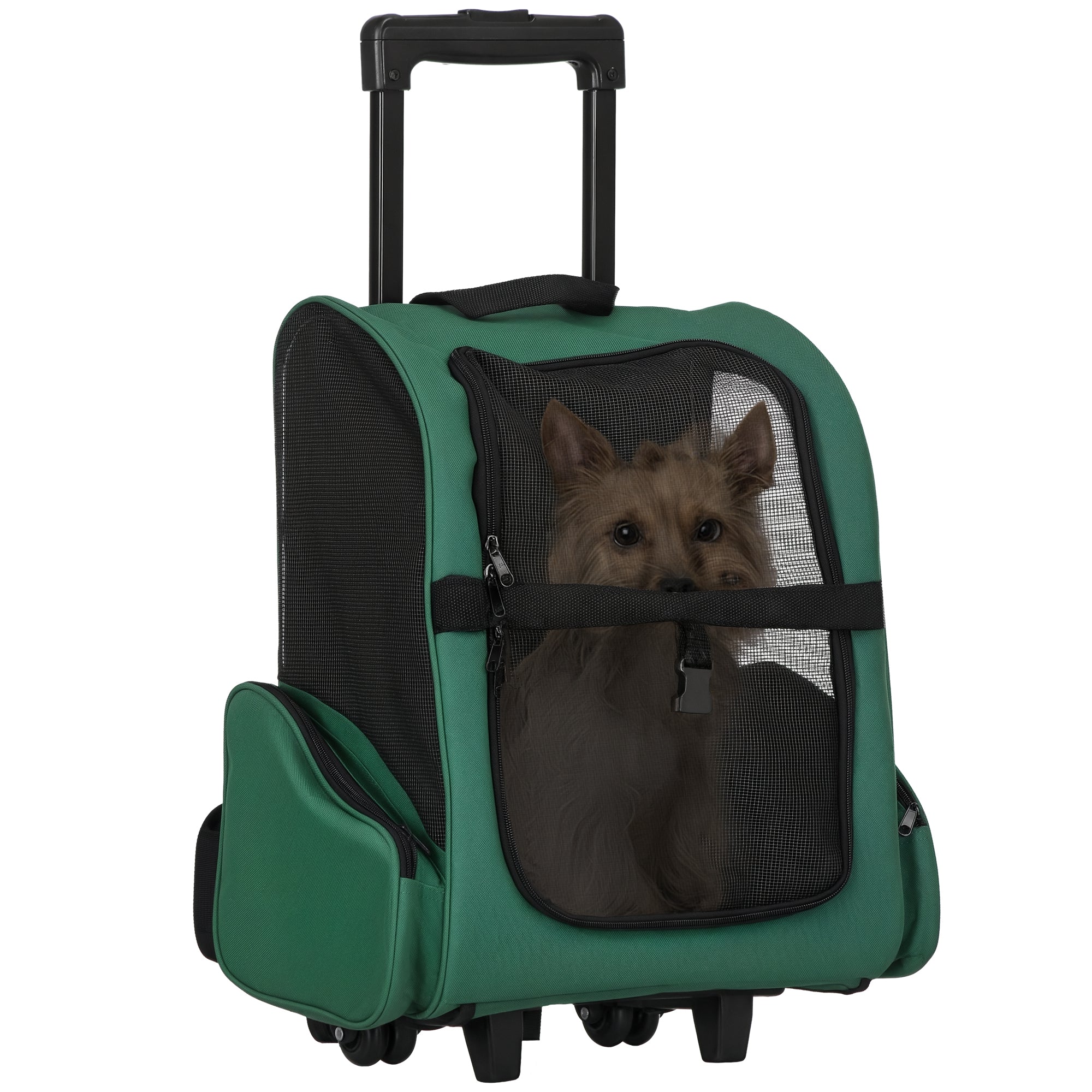 2-in-1 Pet Carrier Backpack for Dogs and Cats with Side Pockets, Telescopic Handle and Wheels, 42x25x55cm, Green