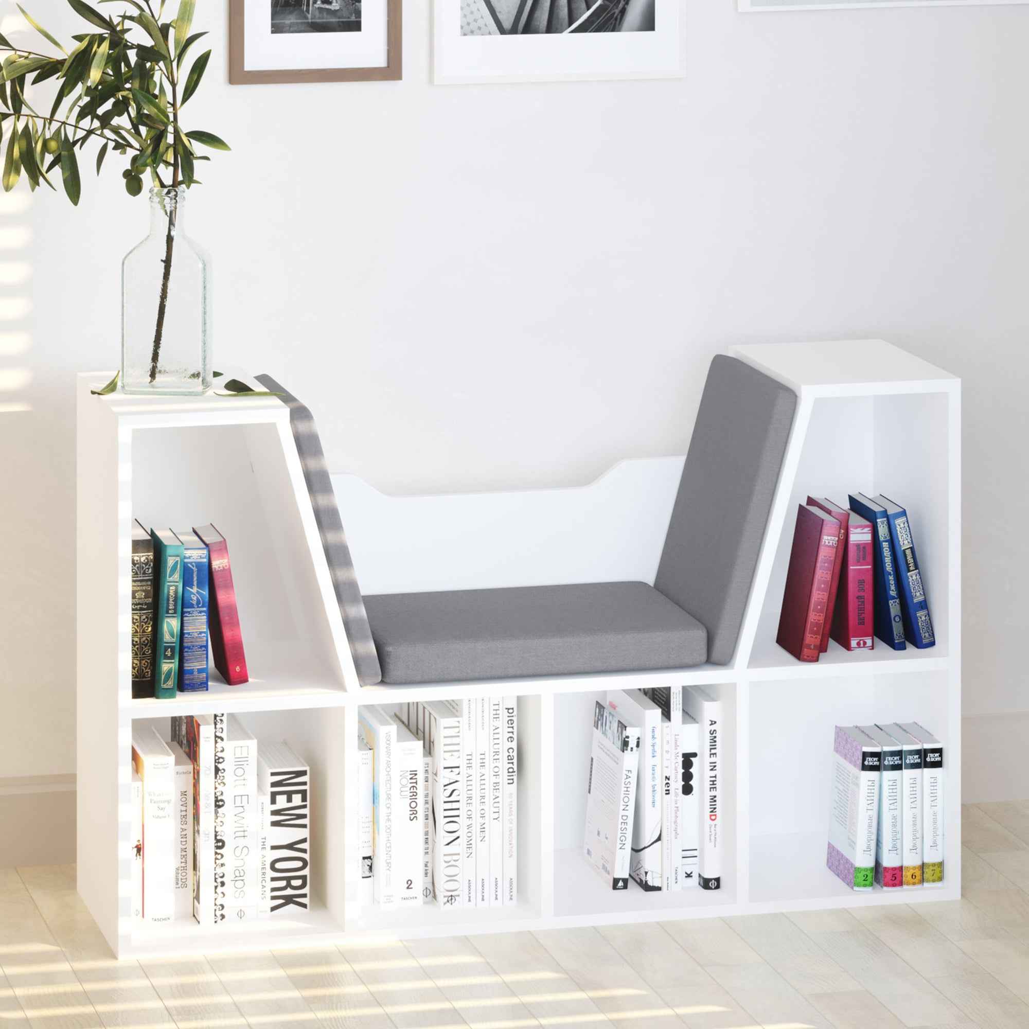2-in-1 6-Section Bookcase with Soft Cushions, Made of Wood, Sponge and Polyester, 102x30x61 cm, White