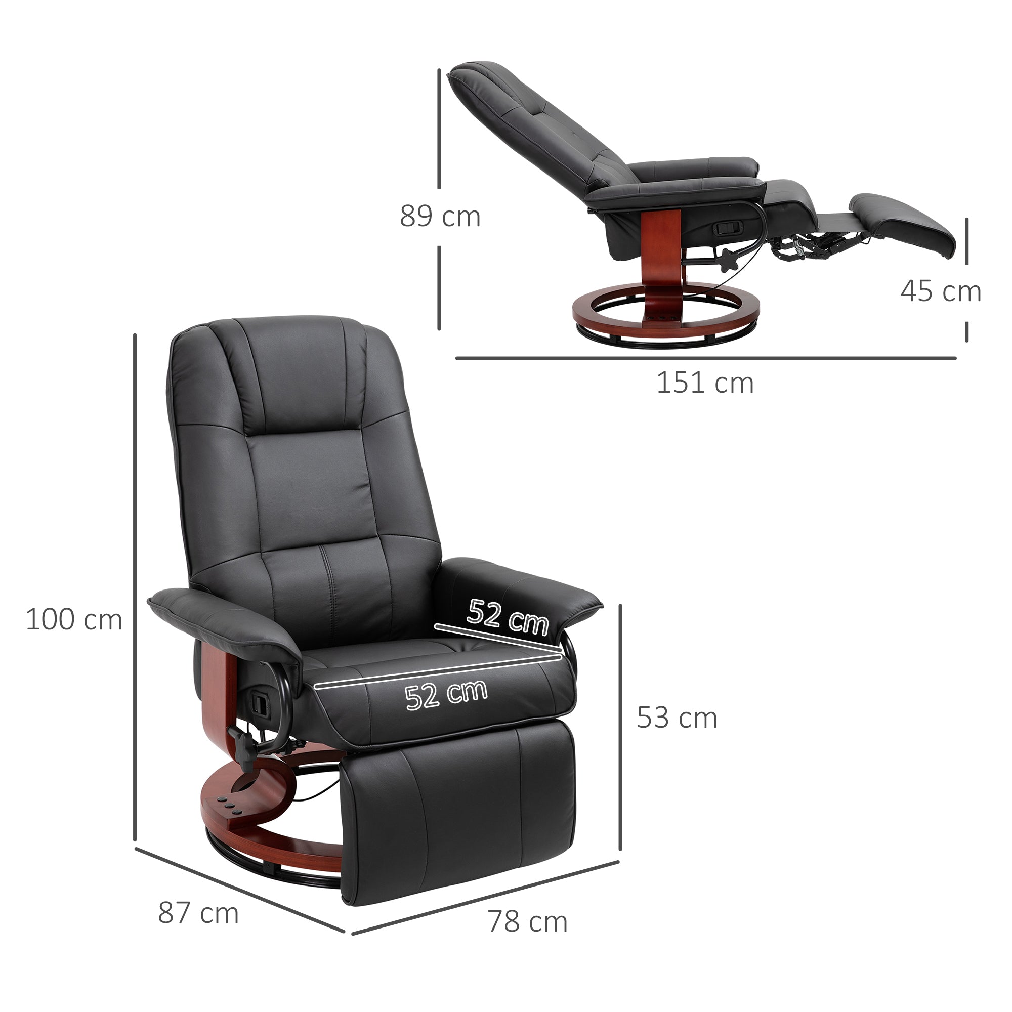 Manually Reclining Relaxing Chair up to 145° with Footrest and Faux Leather Upholstery, Black