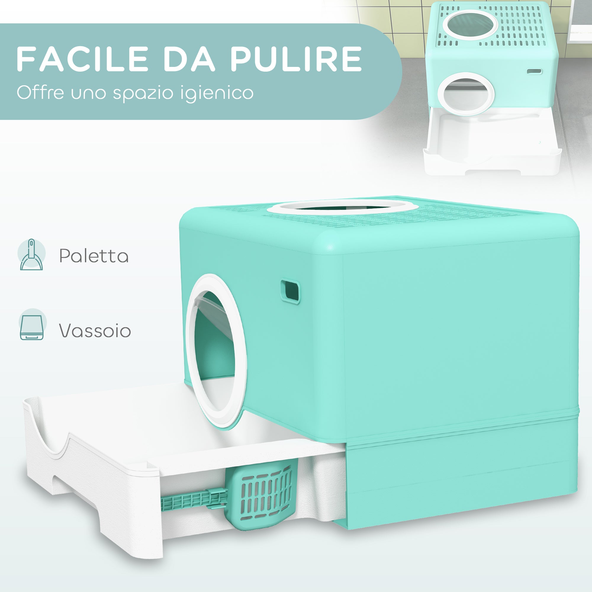 Cat Litter Box with Lid and Scoop, Double Entrance and Removable Tray, 52x41x38.5 cm, Green