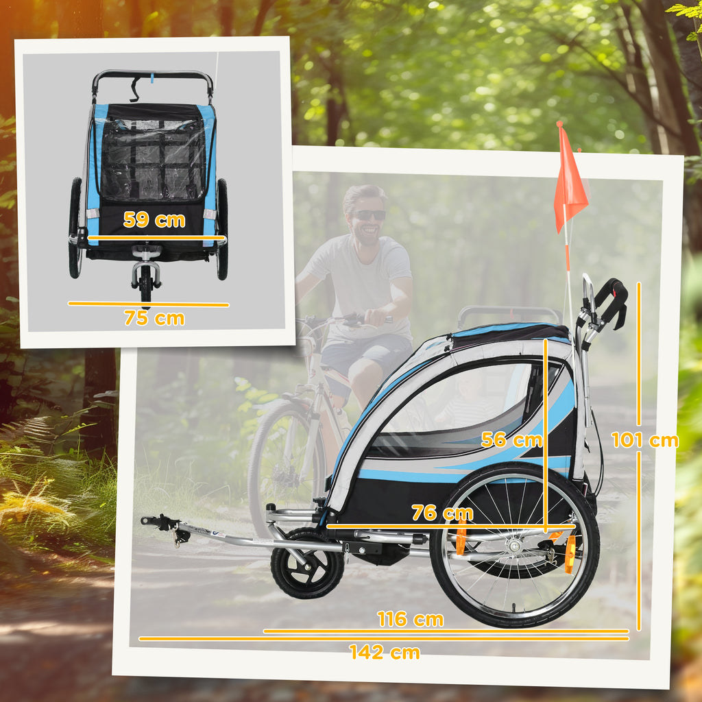 2-in-1 Kids Bike Trailer and Stroller with Belt, Pockets and Flag, Blue