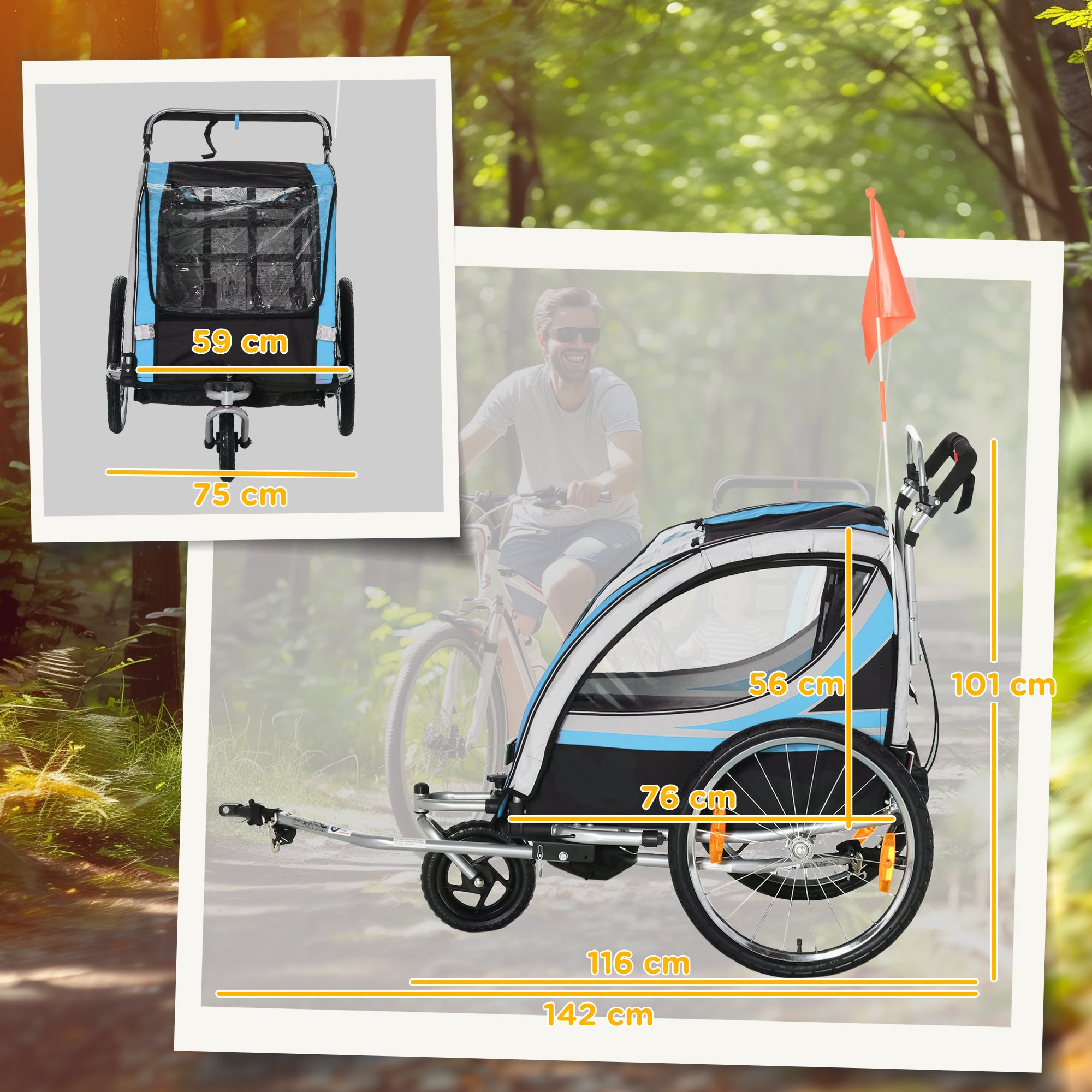2-in-1 Kids Bike Trailer and Stroller with Belt, Pockets and Flag, Blue